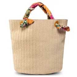 sac de plage beige et fleurs